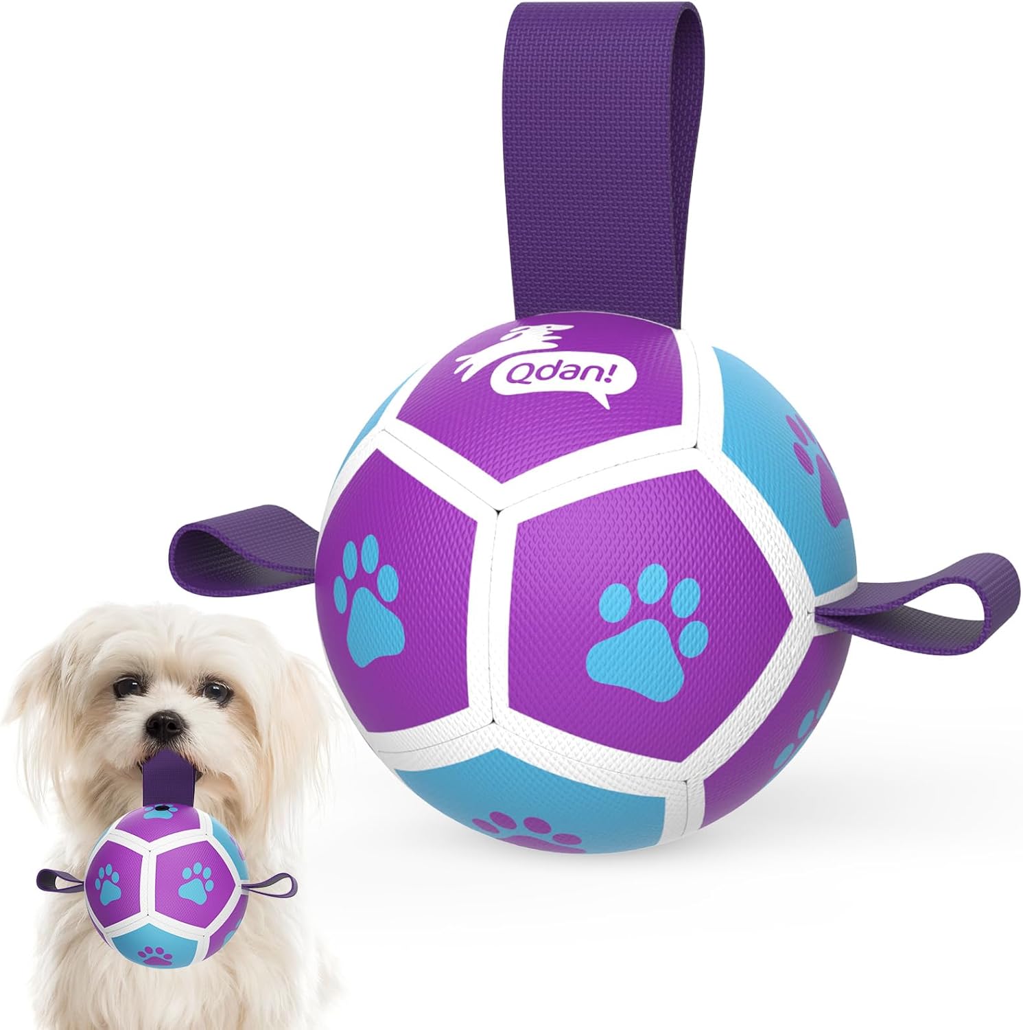 Qdan dog toys 6 inch world cup dog soccer ball with straps for small medium pet outdoor play