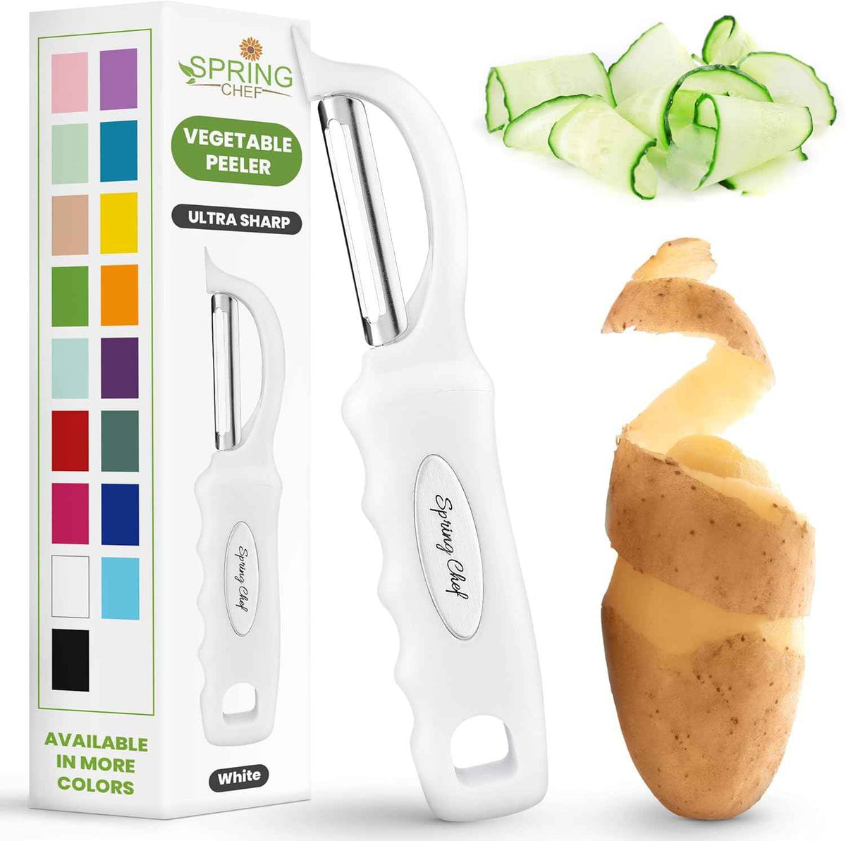Spring Chef Premium Swivel Vegetable Peeler, Soft Grip Handle and Ultra Sharp Stainless Steel Blades - Perfect Kitchen Peeler For Veggie, Fruit, Potato, Carrot, Apple - Black