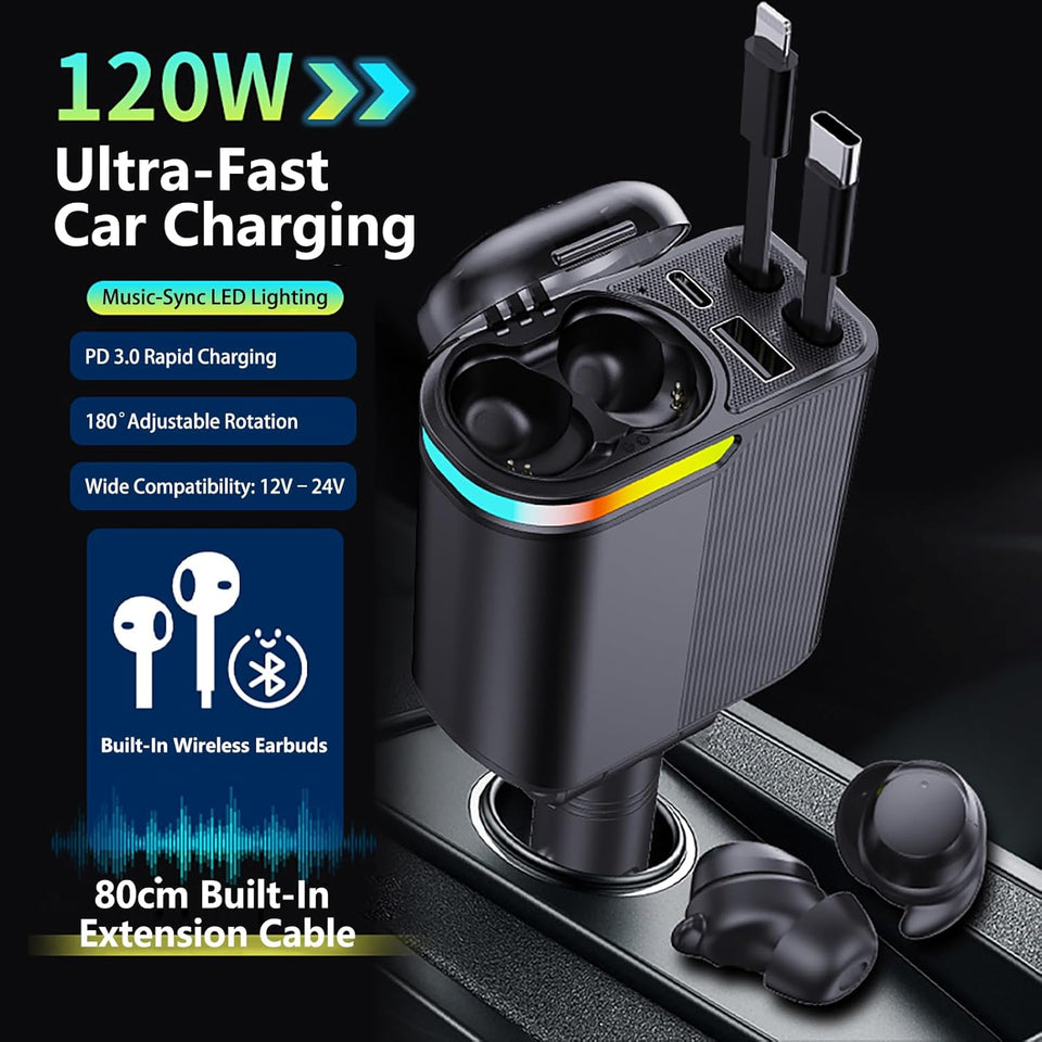 MLVOC 120W fast car charger with retractable 4-in-1 cable & wireless earbuds for commuters