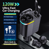 MLVOC 120W Fast Charging Car Charger with Earbuds, Retractable 4-in-1 USB-C & Lightning for iPhone & Android (Black) - PureLivingMart