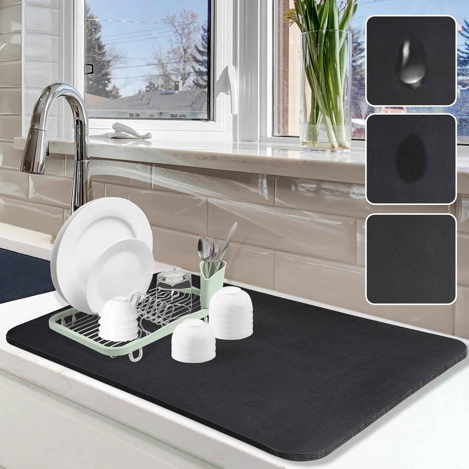 Dish Drying Mat for Kitchen Counter, 12"x19" Dish Drying Pad with Non-slip Rubber Backed, Hide Stain Anti Absorbent for Kitchen Counter, Drying Mat for Coffee Machine Dish Rack (Grey)