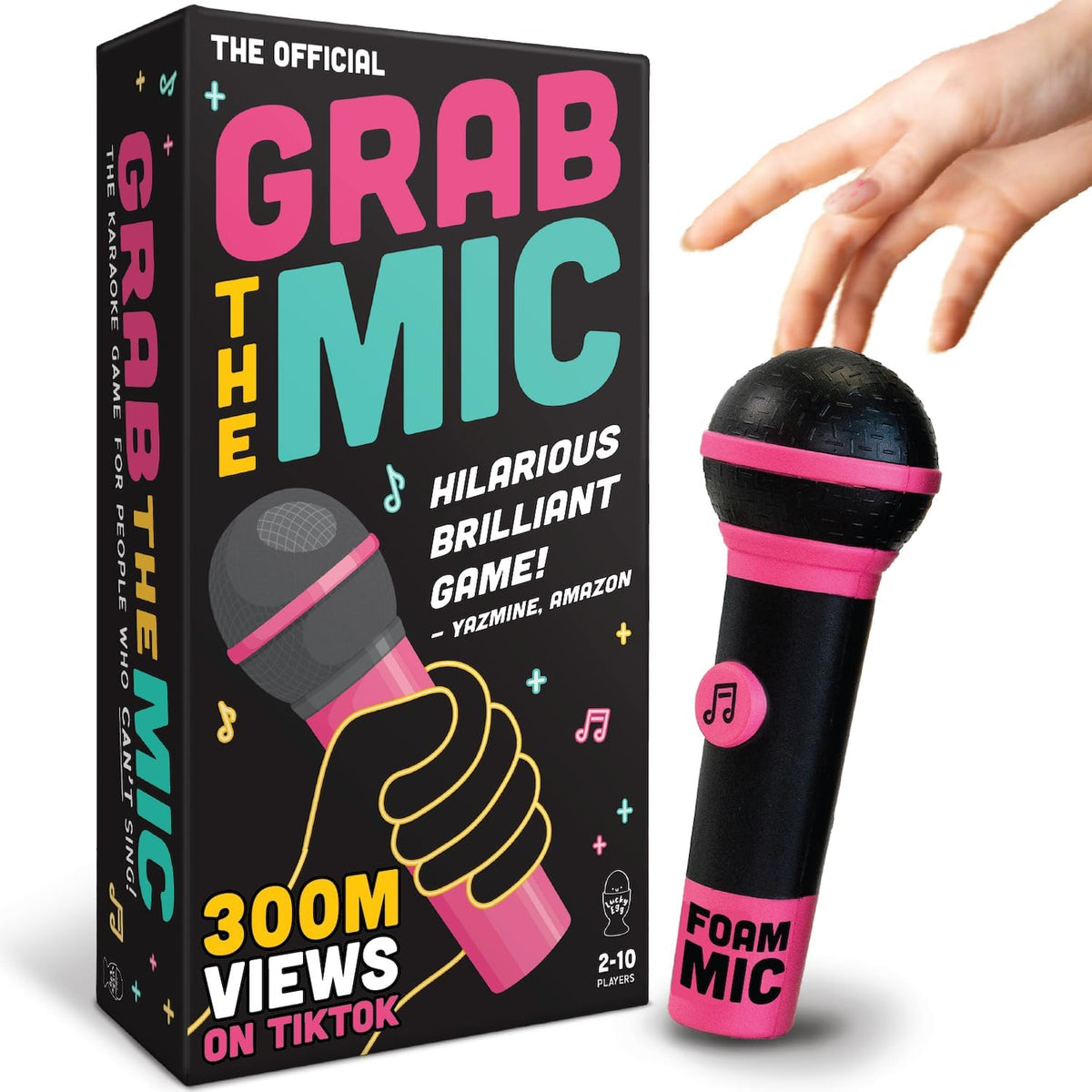 Lucky Egg Official Grab The Mic – Family Karaoke Board Game w/Foam Mic, 8+ Ages, 2-10 Players - Games for Bad Singers w/ 240 Lyrics (120 Cards) (First Edition)