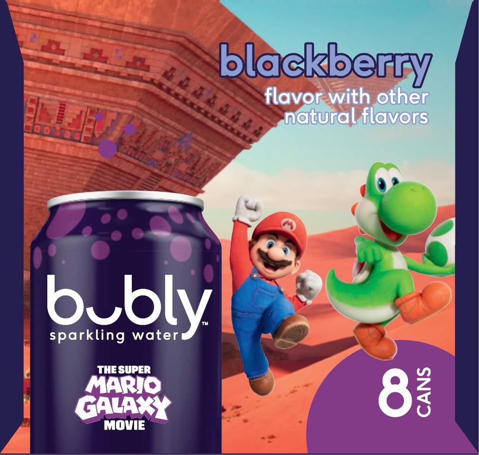 bubly Sparkling Water, The Super Mario Galaxy Movie Blackberry, Zero Sugar & Zero Calories, 12 Fl Oz Cans (Pack of 8), Packaging May Vary