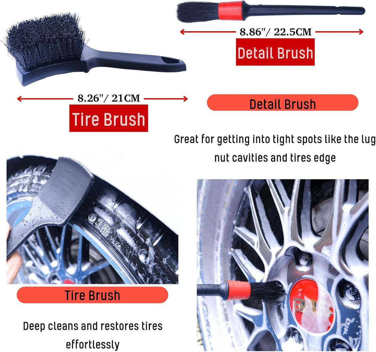 Professional 4 Pack Long Handle Wheel Brush Kit for Cleaning Wheel and Tire- 2X Soft Wheel Cleaning Brush, Detailing Brush and Stiff Tire Brush, Bendable& Durable Wheel Rim Cleaner Brush Set
