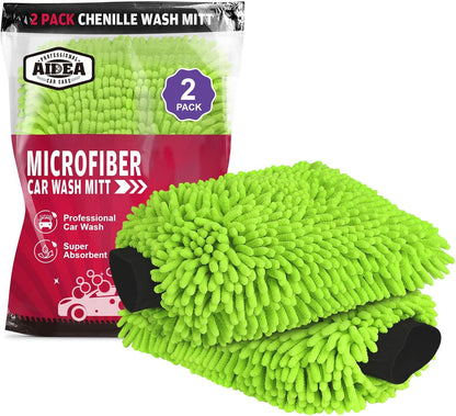 AIDEA Car Wash Mitt Microfiber, 2PK Scratch Free Lint-Free, Premium Chenille Microfiber Mitt Car Wash Brush, Green, Regular Size 7.12''X10.14''
