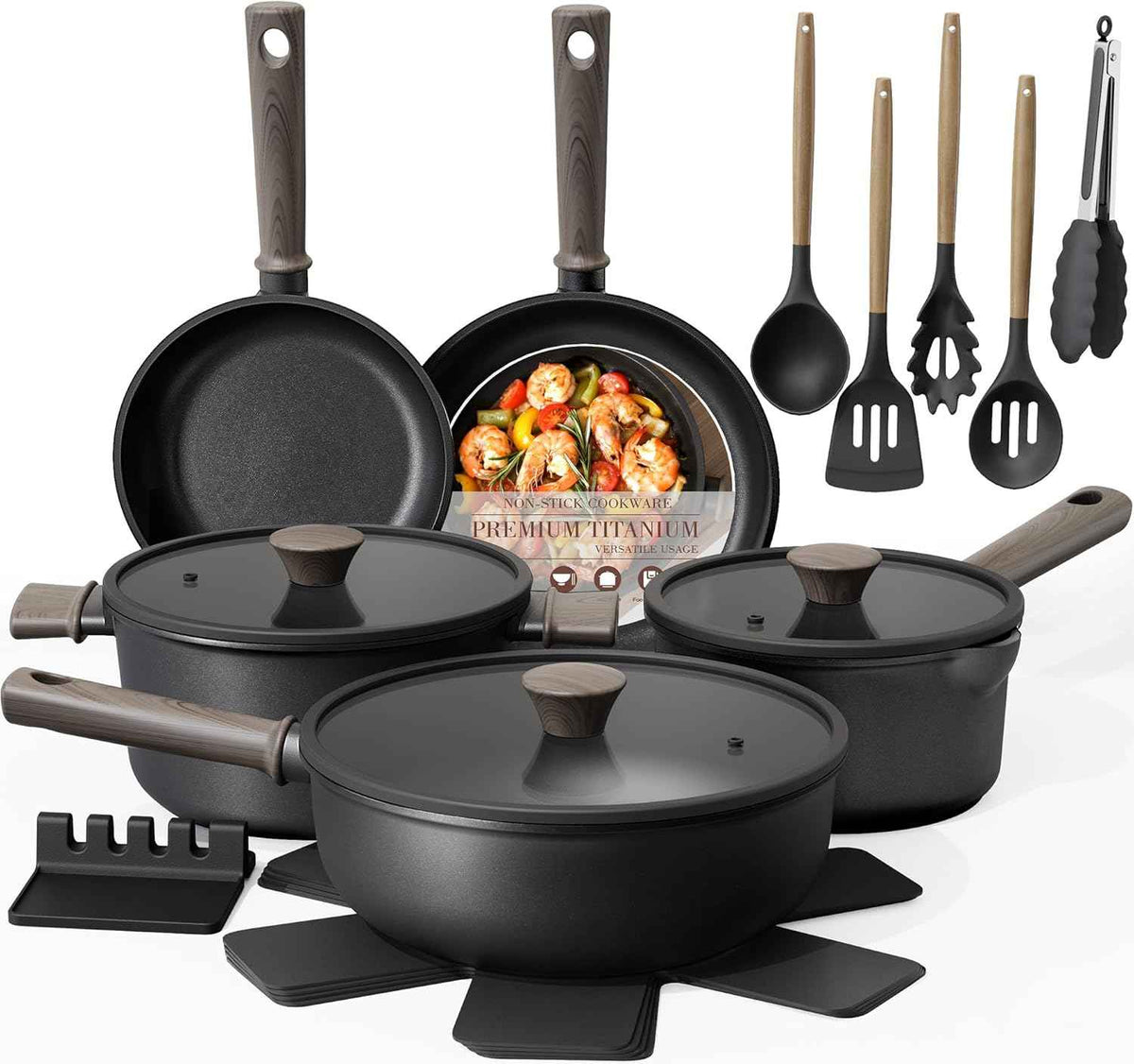 Astercook 19-Piece Titanium Induction Kitchen Cookware Set, PFAS/PTFE/PFOA & PFOS Free, Black