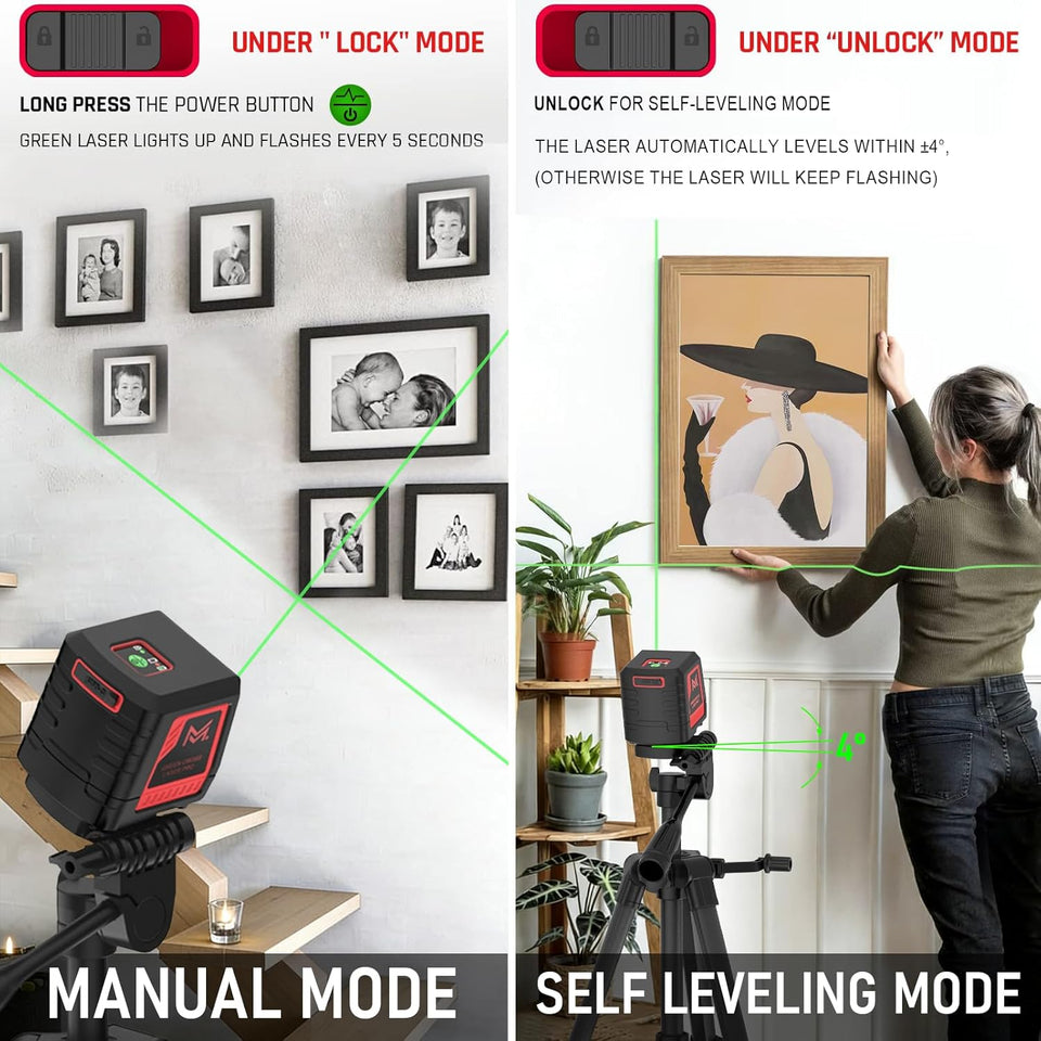 Motovera Self Leveling Laser Level 100ft, Green Cross Line with Tripod, 4 Brightness Modes & PLlse Function, Manual & Self-Leveling Modes, IP54 Waterproof for Picture Hanging, Tile, DIY Construction