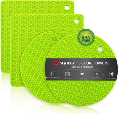 Walfos Silicone Trivet Mats - 4 Heat Resistant Pot Holders, Multipurpose Non-Slip Hot Pads for Kitchen Potholders, Hot Dishers, Jar Opener, Spoon Holder, Food Grade Silicone & BPA Free (Black)