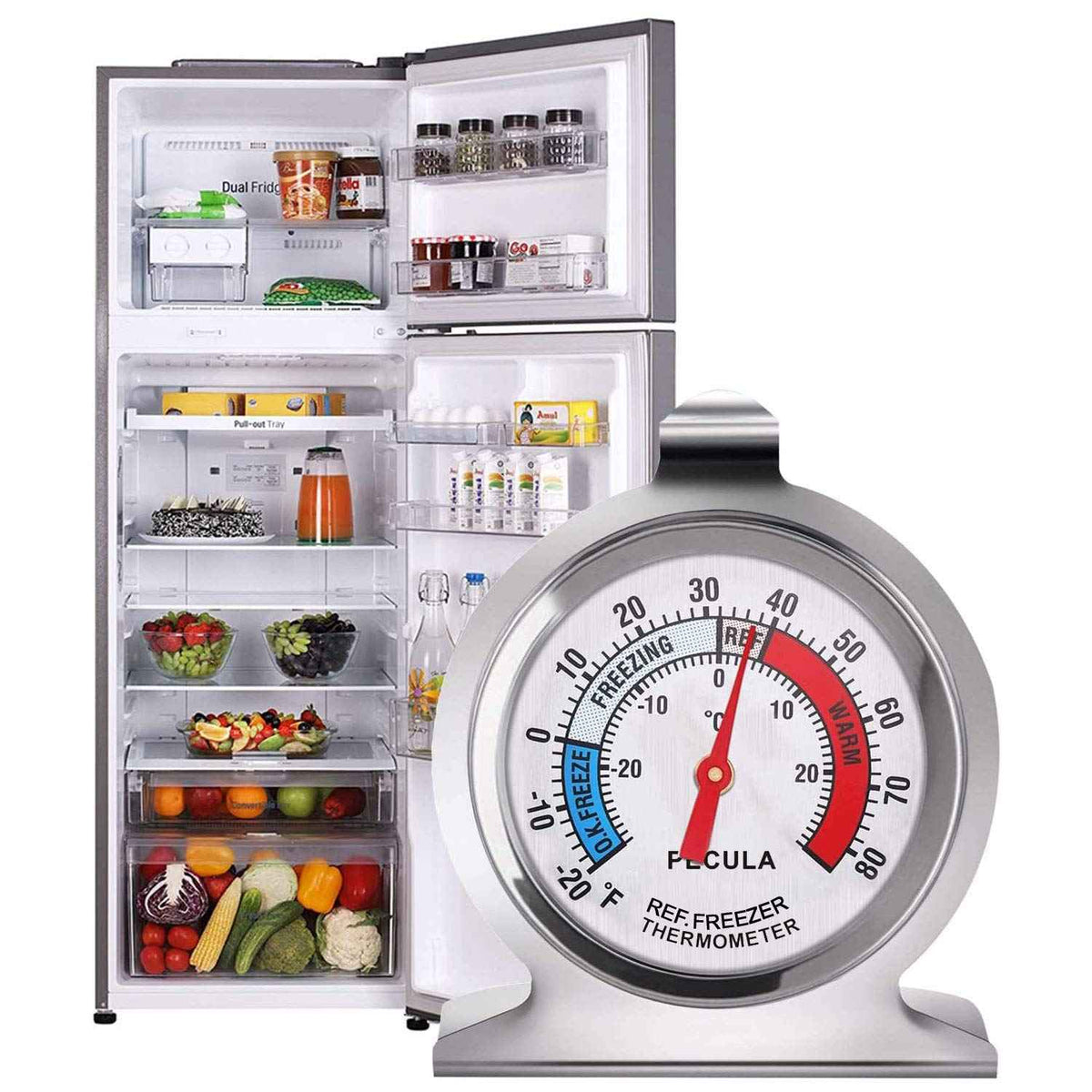 2-pack classic refrigerator thermometer with 30-30°C/20-80°F temperature range, stainless steel, and mechanical design