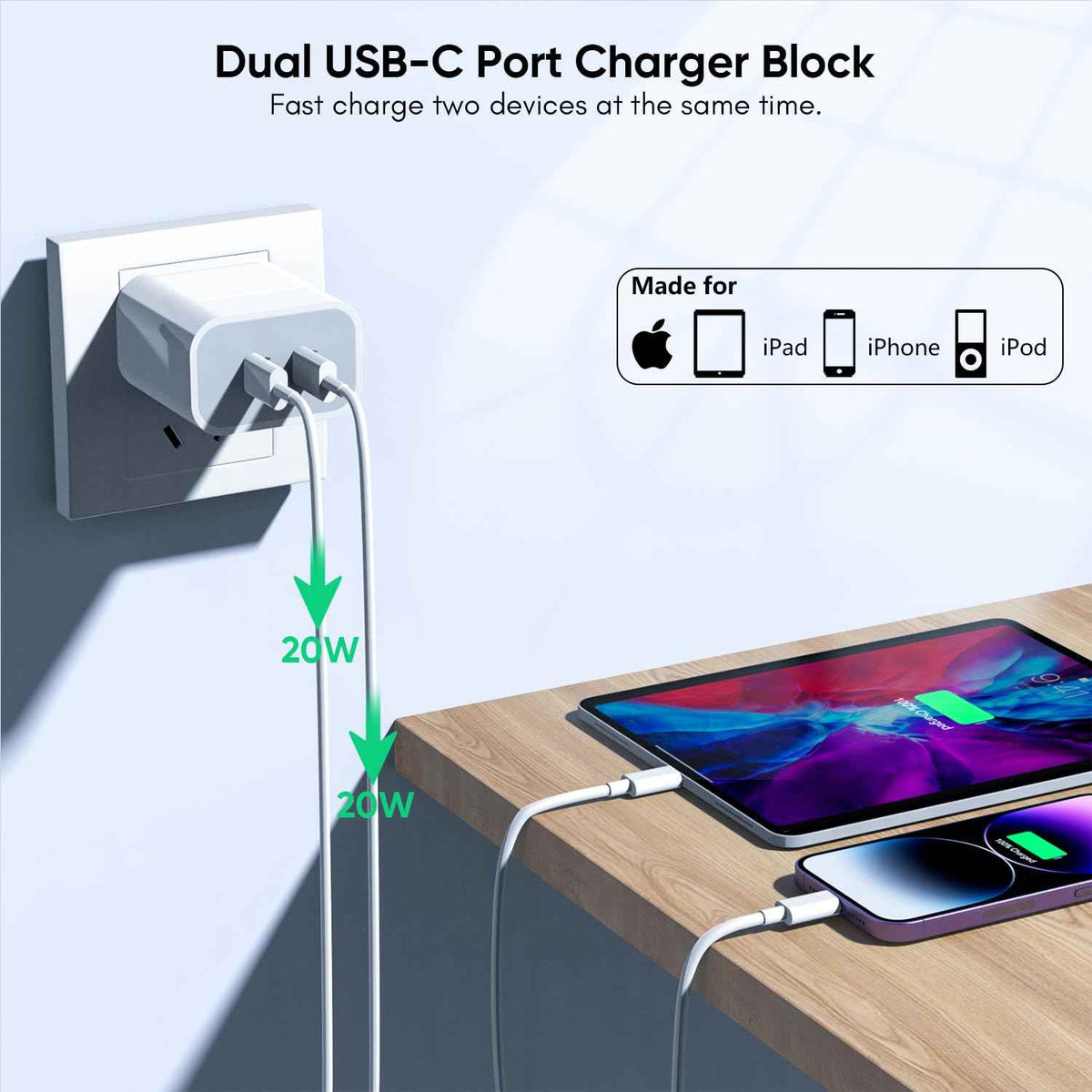 apple mfi certified 10ft iphone fast charger, 2-pack pd dual apple fast charger usbc charge block