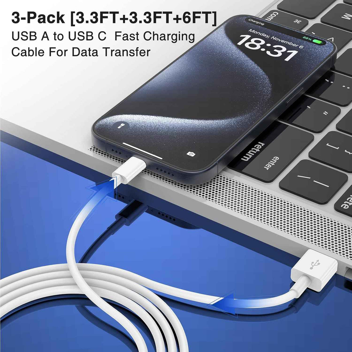 Car Carplay Cable for iPhone 17 16 15 Pro Plus Pro Max Air，3-Pack [3.3FT+3.3FT+6FT] USB A to USB C Cable for iPhone 17 16 15，for iPad Pro/Air/Mini，for Galaxy S25 S24，for MacBook Pro/Air and More