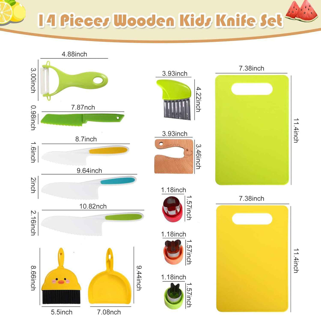 14PC Montessori-style safe kitchen knife set for kids, 3-12 years, includes cutting board and cleaning tools