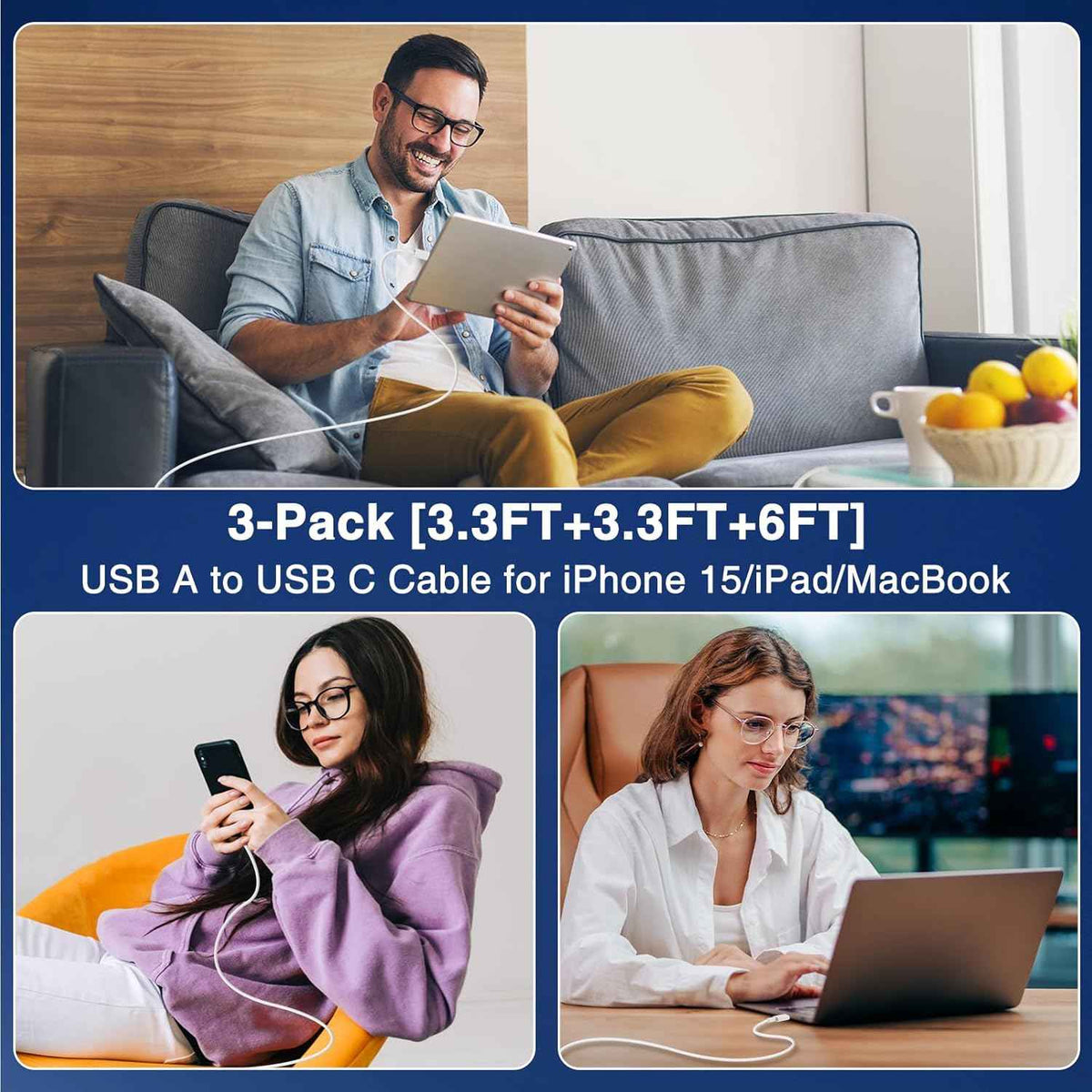 Apple CarPlay compatible cables, 3-pack: 3.3FT, 3.3FT, 6FT USB A to USB C for iPhone 17, 16, 15, iPad, MacBook
