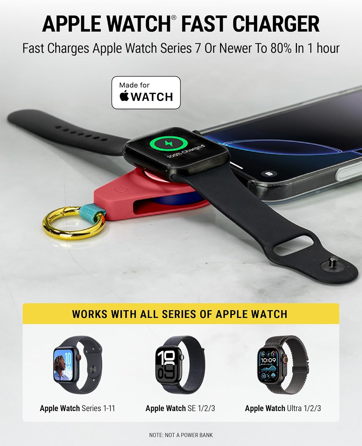 Scosche WatchIt Keychain Magnetic Charger for Apple Watch, Fast Charging USB-C Plug-in (No Battery), Portable Travel Charger for Series 11/10/9/8/7/6/5/4/3/2, Ultra 3/2, SE3/SE2/SE & AirPods, Black