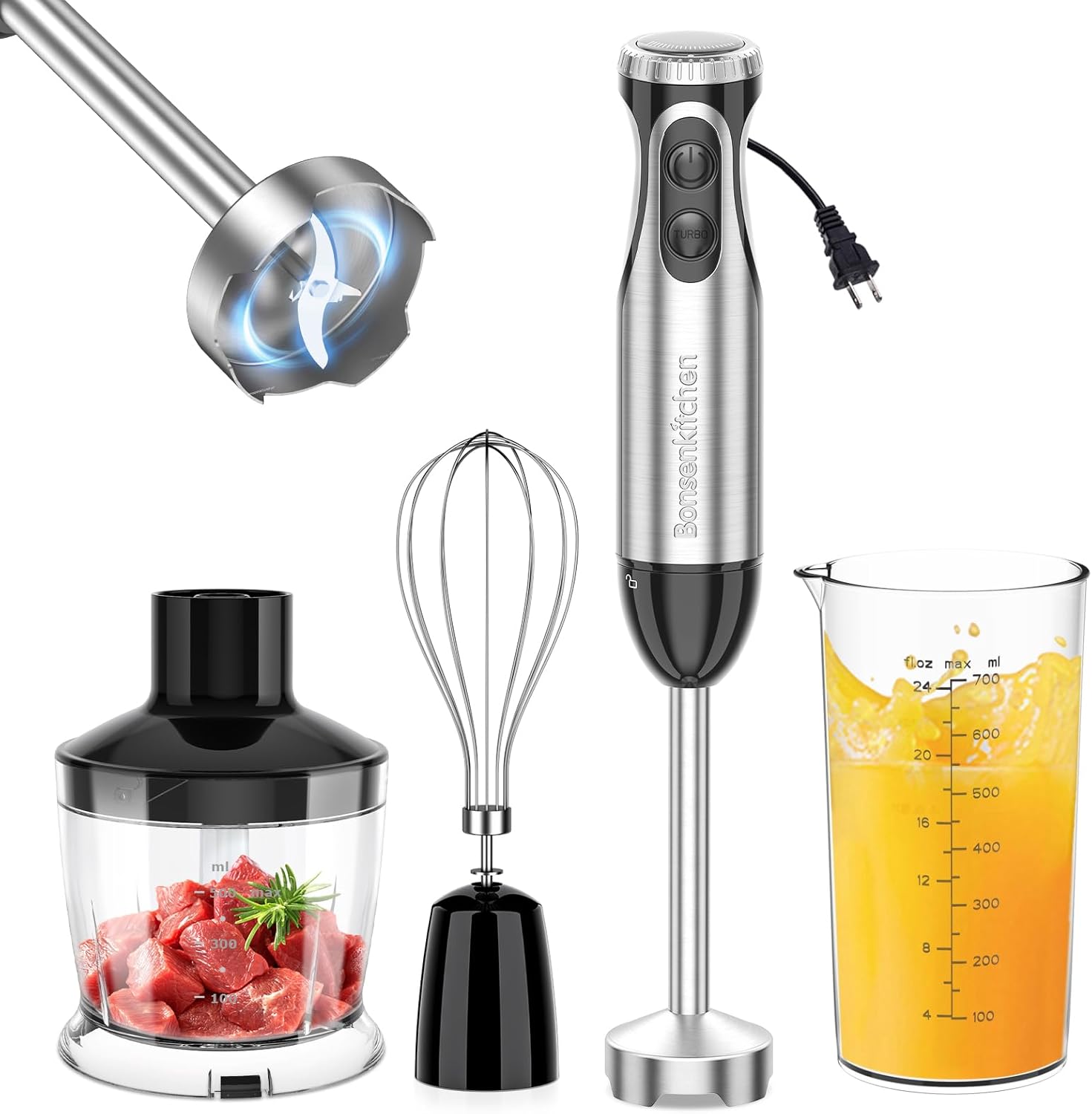 Bonsenkitchen Immersion Blender Handheld with Food Processor, 20 Speeds Hand Blender with Turbo Mode, Stainless Steel Blade, Egg Whisk, Beaker & Chopper Bowl, Hand Mixer for Smoothie, Soup, Baby Food