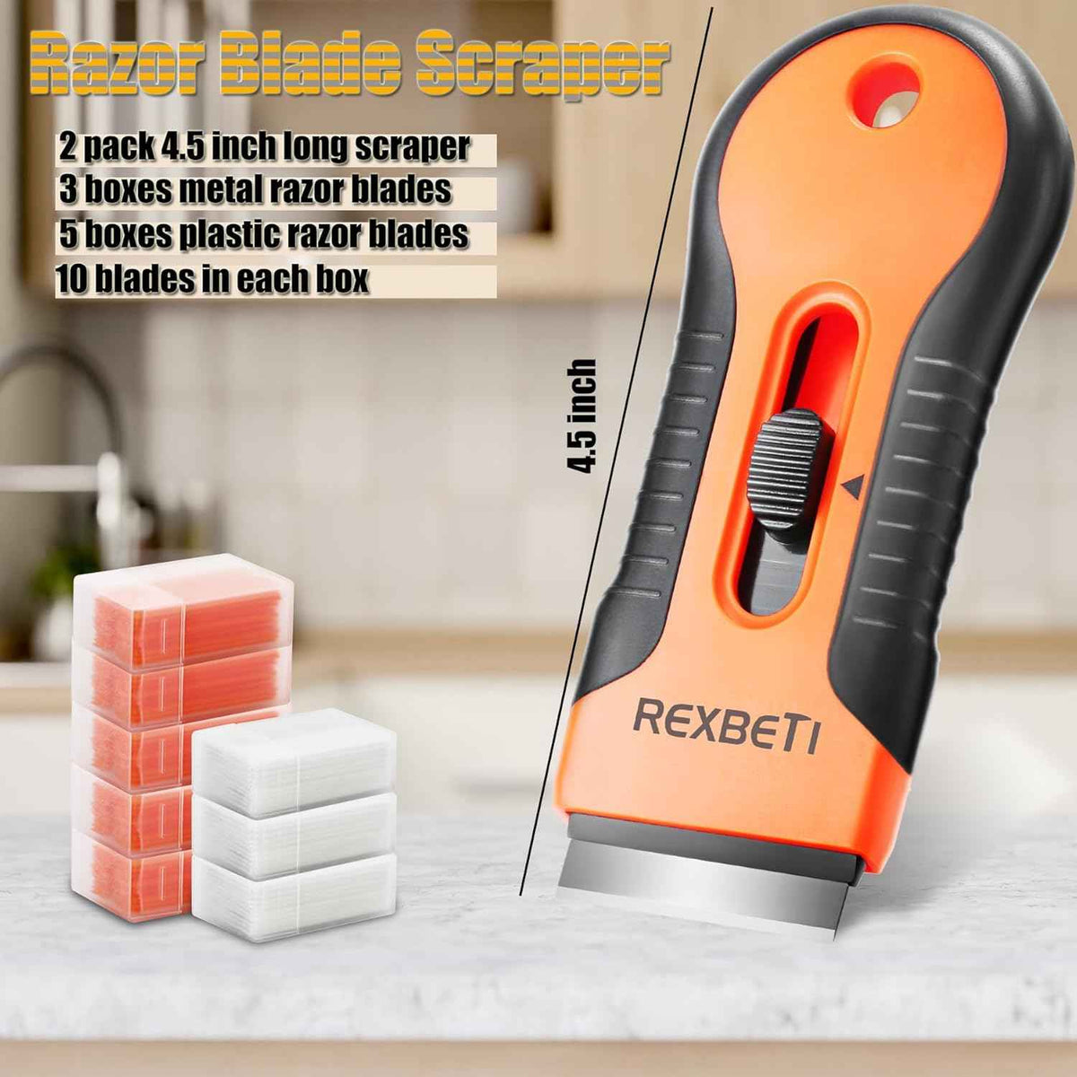 rexbeti razor blade scraper tool, 2 pack, cleaning scraper with extra 80pcs razor blades and 50pcs plastic blades for cooktops paint glass