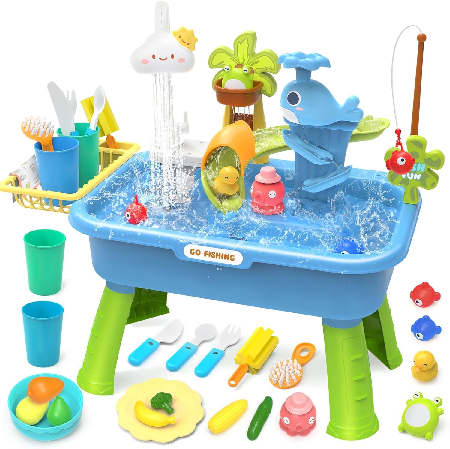 21 Blue Kids Kitchen Sink Toy with Electric Faucet 4-in-1 Play Set with Detachable Legs and Fishing Game