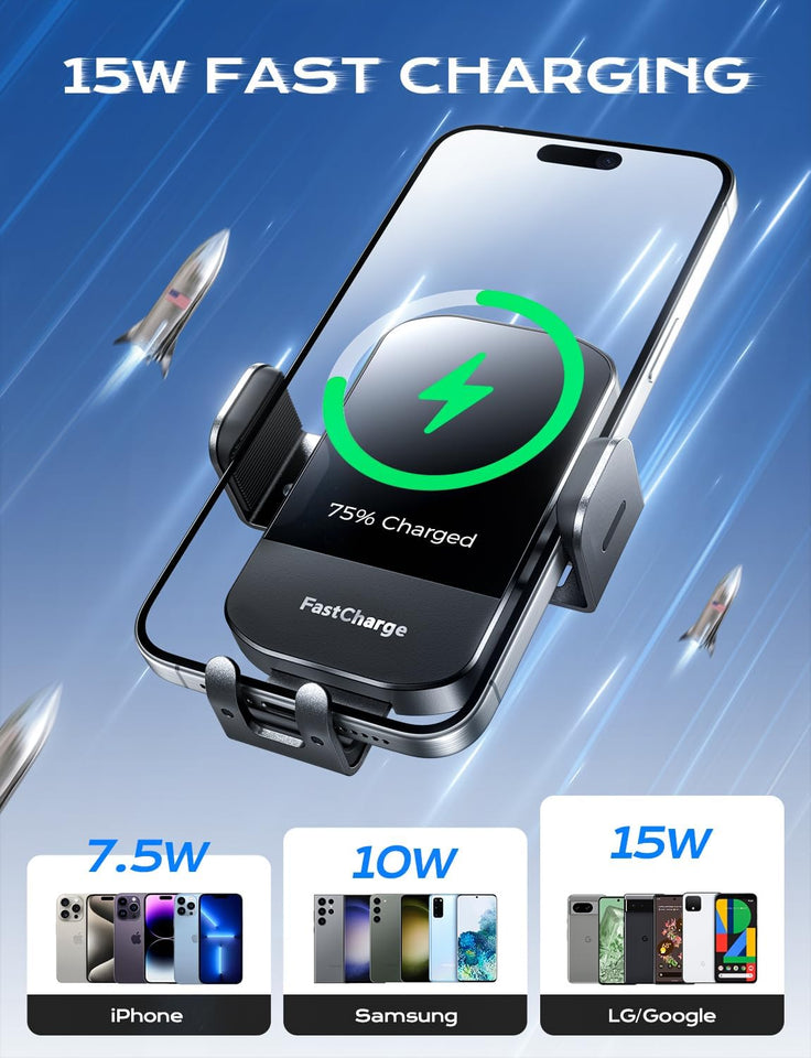 CHGeek Wireless Car Charger, 15W Fast Charging Auto Clamping Phone Holders for Your Car Phone Mount for Car fit for iPhone 17 16 15 14 13 12 Pro Max 11 XR XS, Samsung Galaxy S25 Ultra S24 S23, Black