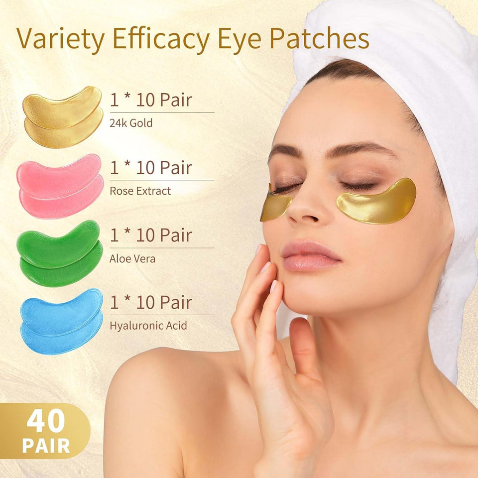 Under Eye Patches, 40 Pairs Eye Mask for Dark Circles, PLffy Eyes, Undereye Bags,Wrinkles,Eye Mask Patches with 24K Gold, Hyaluronic Acid,Rose & Aloe Vera, Eye Treatment Skin Care for Men & Women Gift