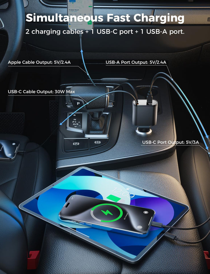 ‹ېUpgraded‹ÛÔ SUPERONE Retractable Car Charger 4 in 1, Fast Car Phone Charger with Cord 2.6ft, USB C and Apple Car Adapter, Compatible with iPhone 17 16 15/15 Pro Max/14/13/12/11, Galaxy, Pixel - PureLivingMart