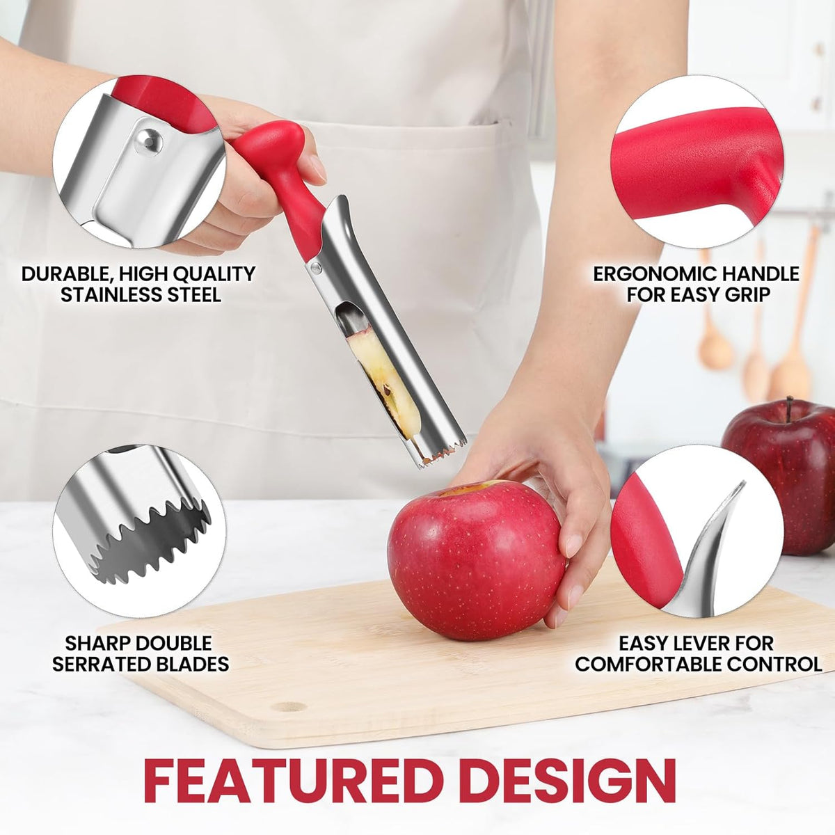SCHVUBENR Premium Apple Corer Tool - Easy to Use and Clean - Sturdy Apple Core Remover with Sharp Serrated Blades - Stainless Steel Corers for Apple and Pear - Core Fruits with Ease(Red)