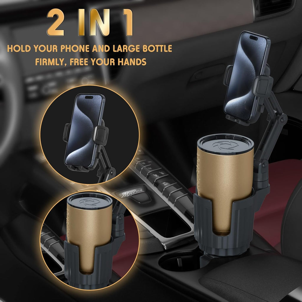 2-in-1 universal car cup holder phone mount with 360° rotation adjustable grip fits most vehicles