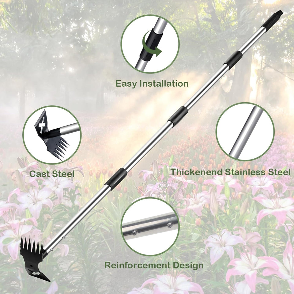 NICOFPHY Weed PLller Tool with Long Handle - 60" Manual Weeder Remover Tool, 2 in 1 Hand Weed Rake and Garden Hoe for Gardening, Heavy Duty Uprooting Weeding PLll for Yard, Lawn, Patio and Garden