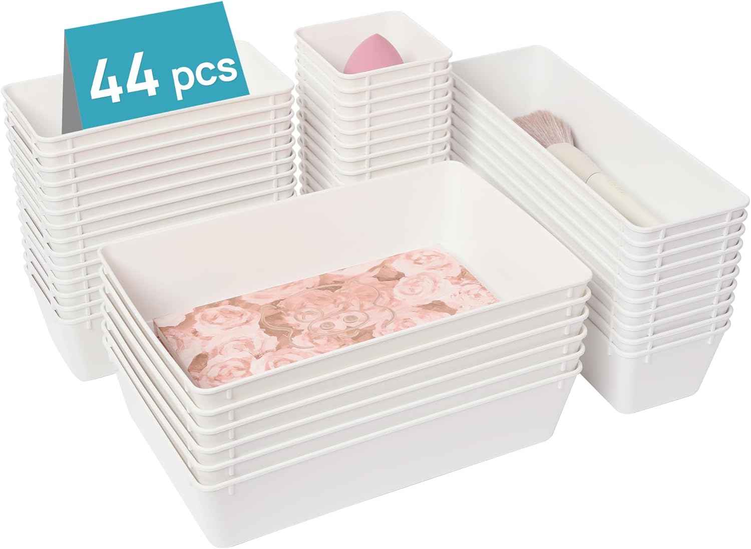 Vtopmart 44 PCS Clear Plastic Drawer Organizers Set, 4-Size Versatile Bathroom and Vanity Organizer Trays, Non-Slip Storage Containers for Makeup, Jewelries, Bedroom，Kitchen Utensils and Office