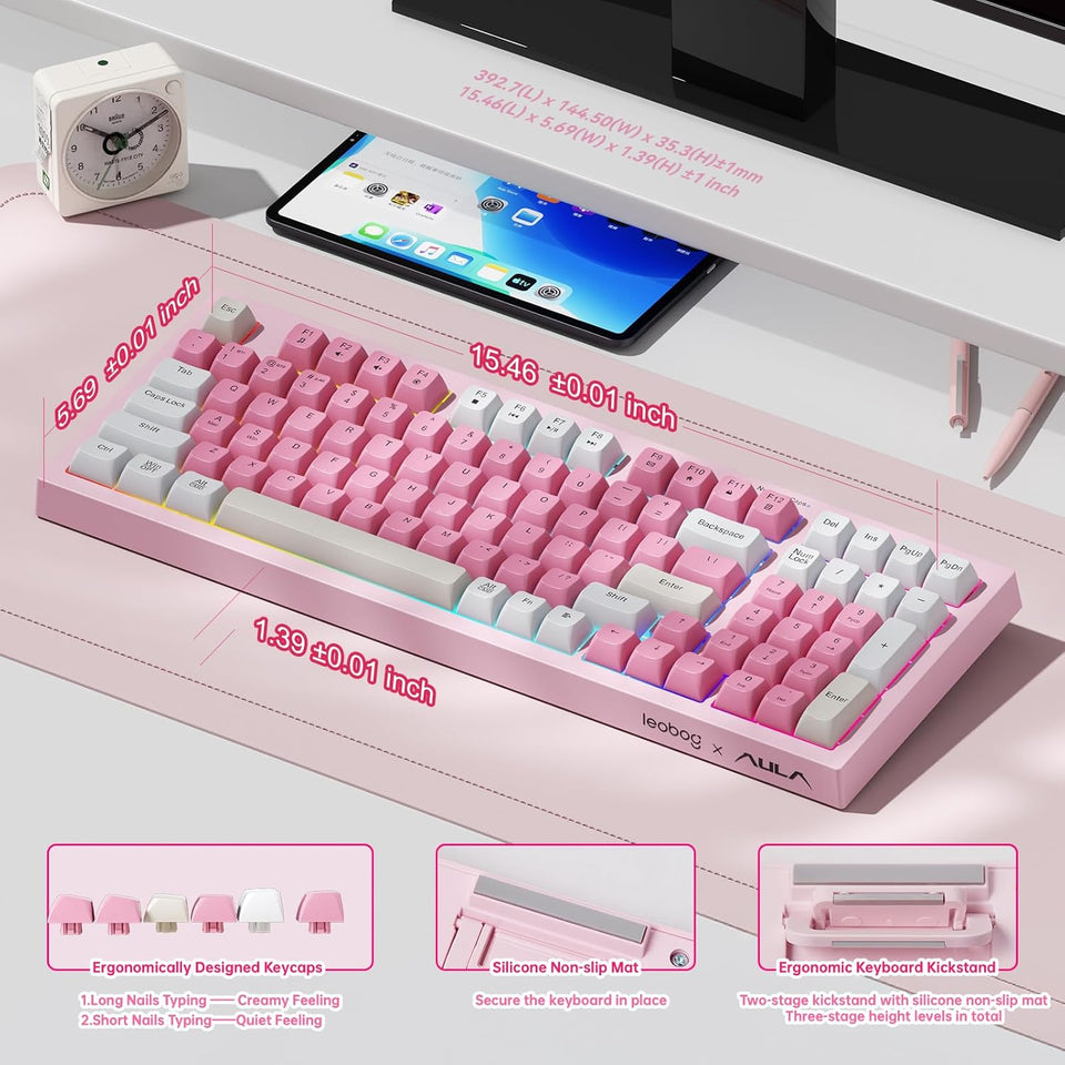 LEOBOG x Aula Gaming Keyboard, Wireless Creamy Keyboard, Bluetooth Computer Keyboards Ergonomic Pink Keyboard Full Size with Number Pad Light Up RGB Backlit Tri-Mode BT/2.4GHz/USB-C - K99