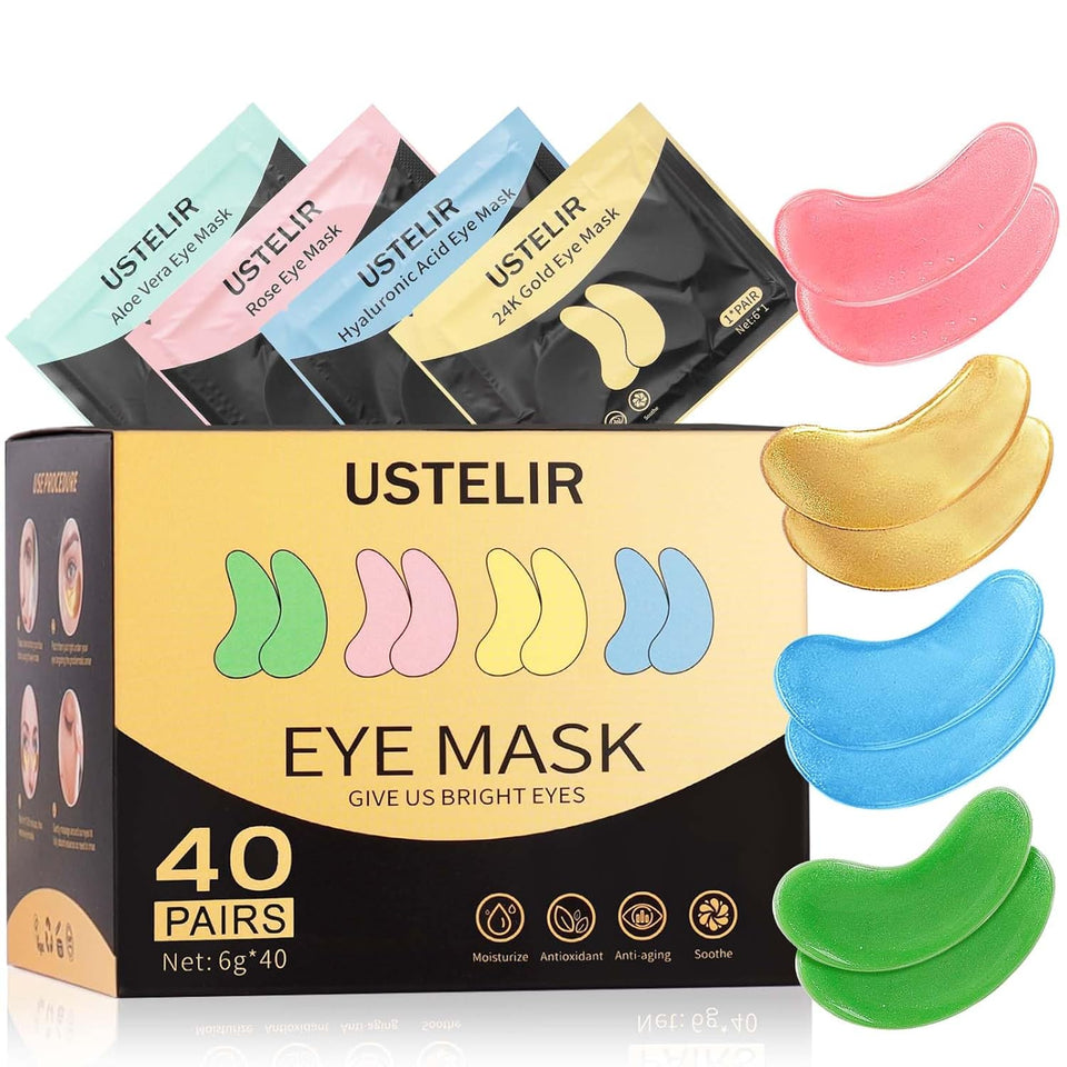 Under Eye Patches, 40 Pairs Eye Mask for Dark Circles, PLffy Eyes, Undereye Bags,Wrinkles,Eye Mask Patches with 24K Gold, Hyaluronic Acid,Rose & Aloe Vera, Eye Treatment Skin Care for Men & Women Gift