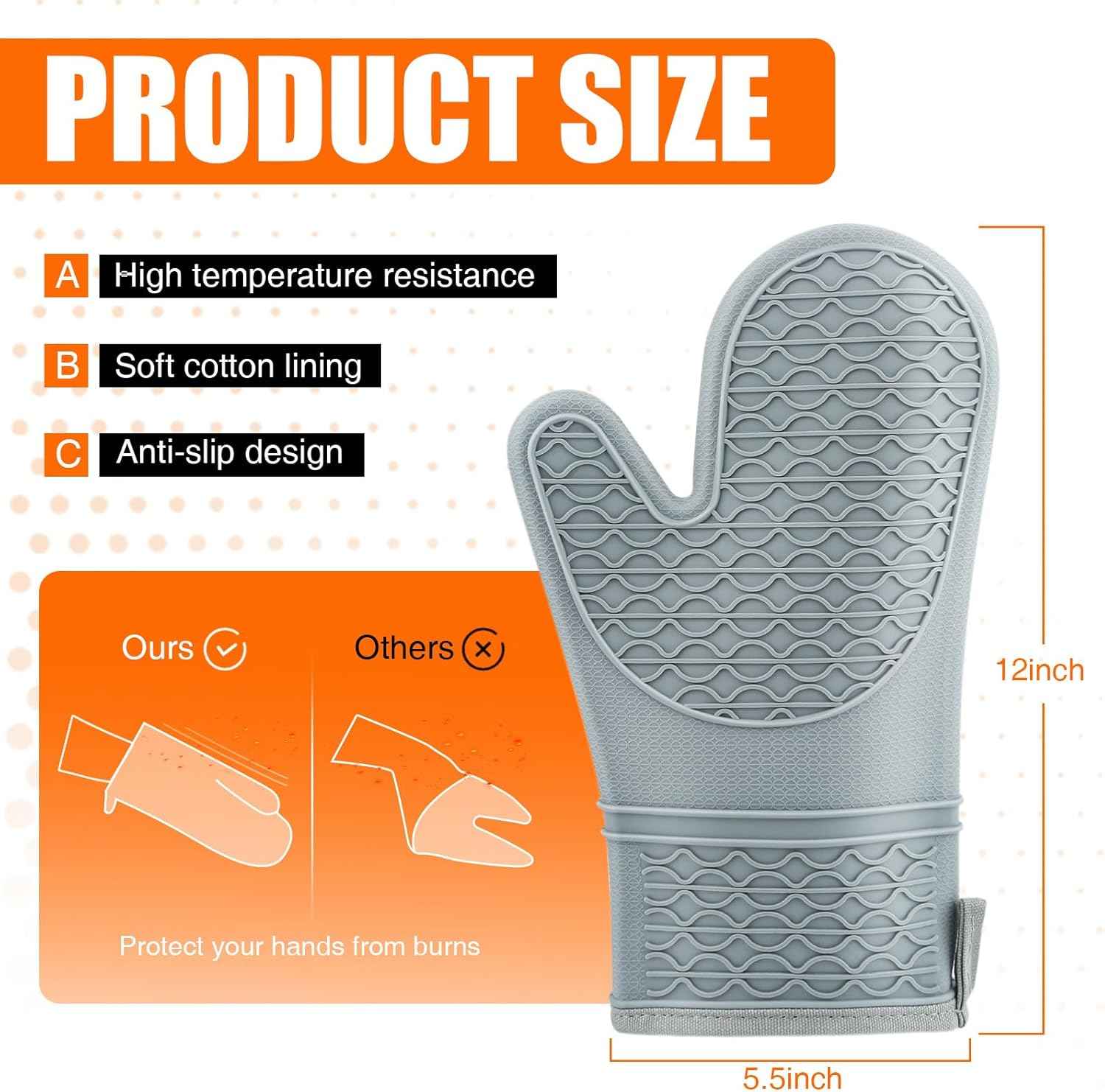 Silicone Oven Mitts, Heat Resistant 2PCS Oven Mitts with Soft Cotton Lining, Waterproof Non-Slip Grip Oven Glove, Kitchen Potholder Mits for BBQ, Baking, Cooking, 12.5 Inch - Grey