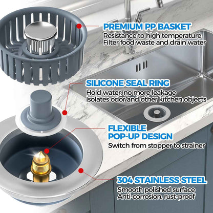 Upgraded 3in1 Kitchen Sink Drain Strainer & Sink Stopper, Stainless Steel Kitchen Drain Plug & Sink Installation Parts with Anti-Clogging Basket, Fit US Standard 3-1/2'' Sink Drain Hole, Silver