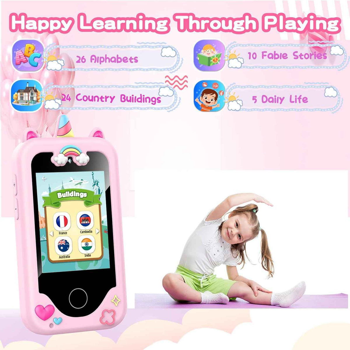 WEOLULI Kids Smart Phone with Dual Camera, Game & Music Player, Toddler Learning Play Toy Cell Phone, Gifts for Girls, Christmas, Birthday, Age 3-10, Light Pink