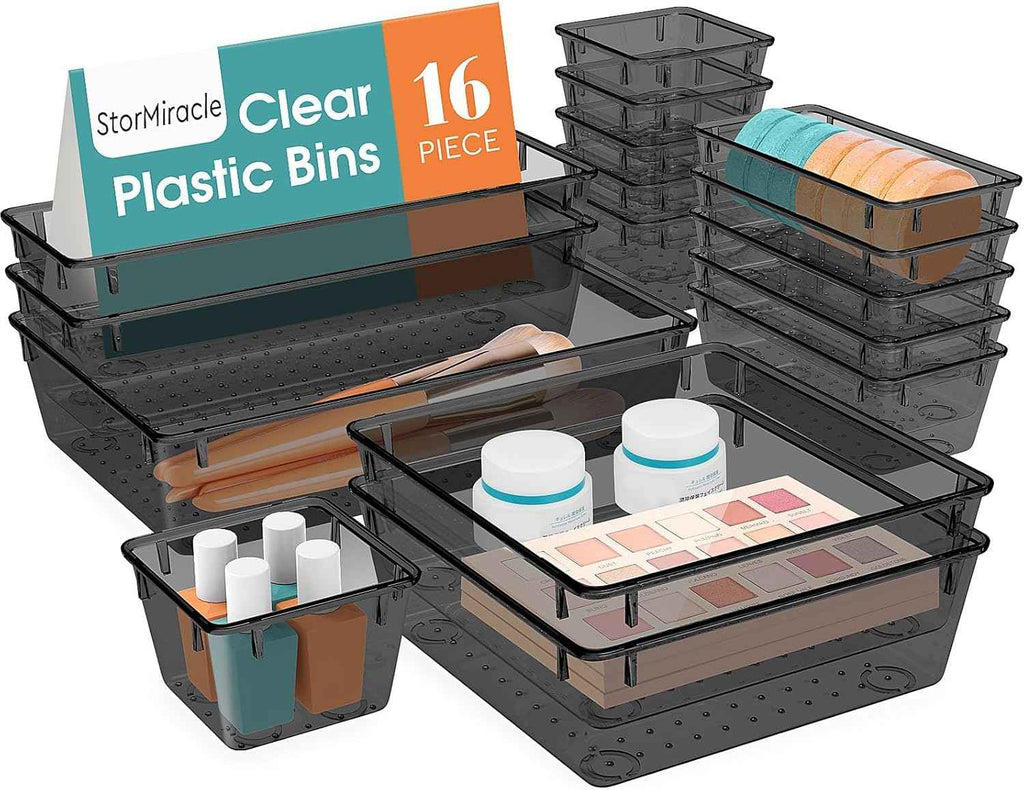 16 PCS Drawer Organizer Set, 5 Varied Size Bathroom and kitchen Drawer cabinet organizer Trays, Clear Storage Bins for Makeup, Jewelry, Utensils and Gadgets