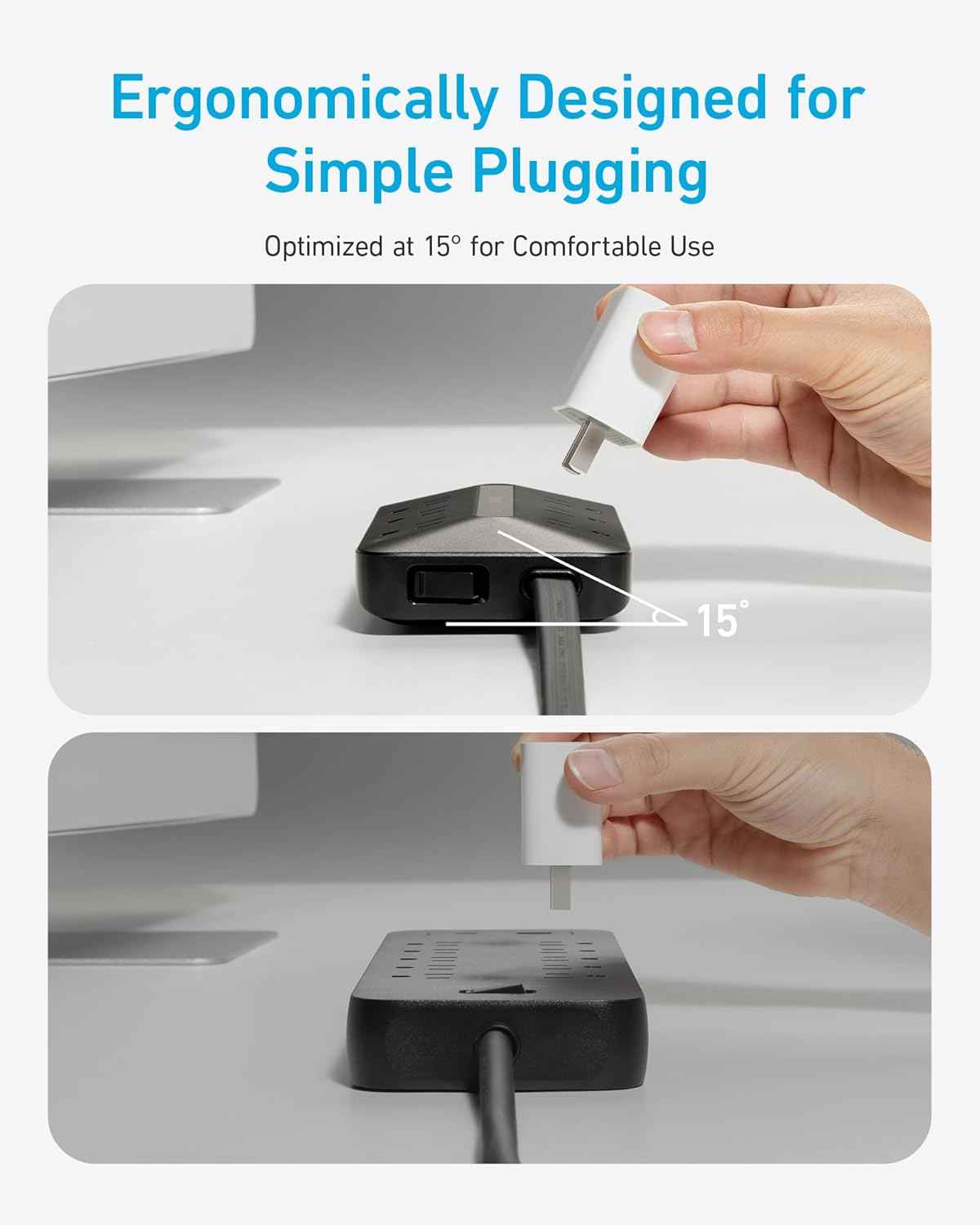 anker 300j flat plug 10-in-1 ultra thin power strip with 6 ac and 3 usb ports, extension cord, desk charging station, 5 feet, black