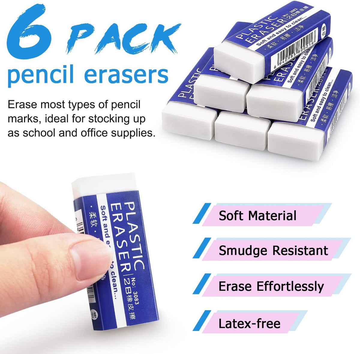 Tamaki 6 Pack Erasers, Large White Erasers for School Office, Art Eraser for Drawing