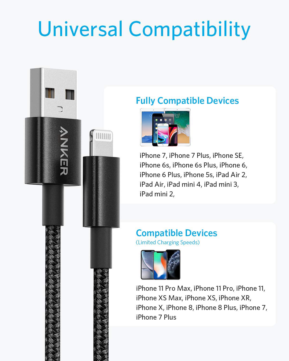Anker 6 ft Premium Double-Braided Nylon Lightning Cable, Apple MFi Certified for iPhone Chargers, iPhone X/8/8 Plus/7/7 Plus/6/6 Plus/5s, iPad, iPad mini, and More (Black)