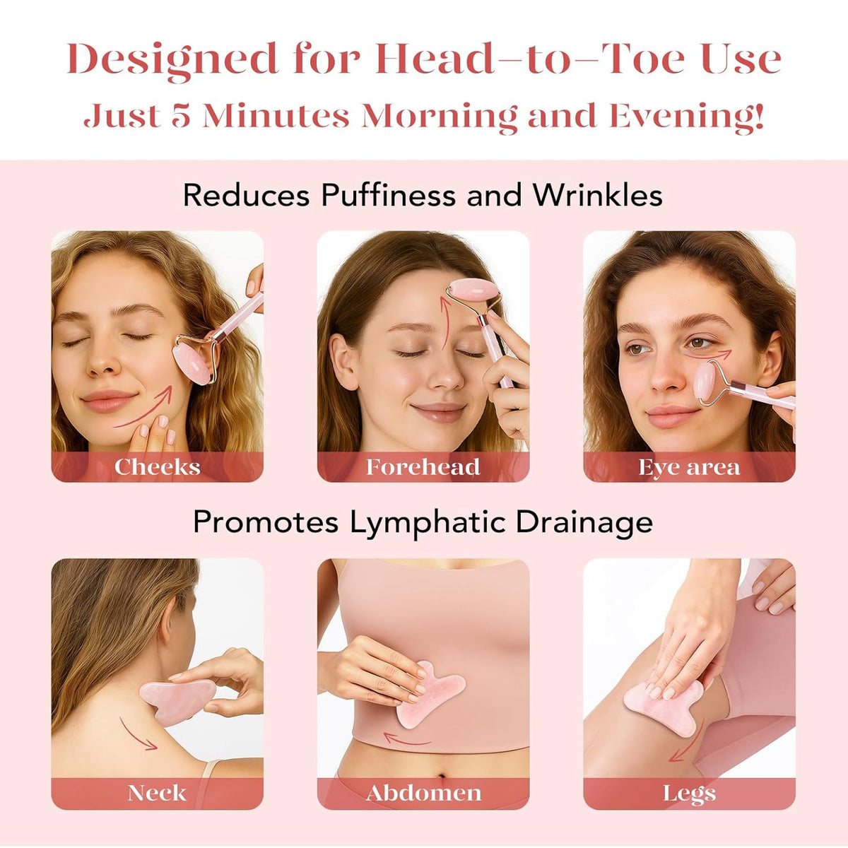 BAIMEI IcyMe Jade Roller & Gua Sha, Face Roller Redness Reducing Skin Care Tools, Self Care for Men Women, Massager for Face, Eyes, Neck, Relieve Fine Lines and Wrinkles - Rose Quartz