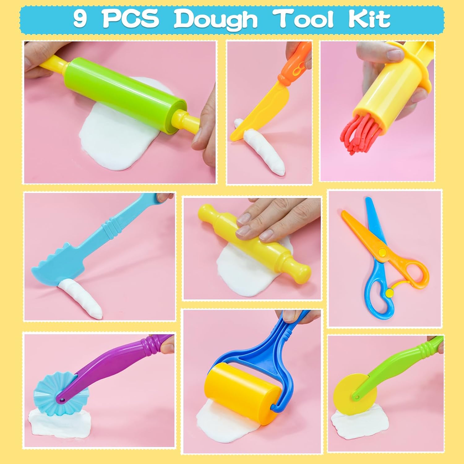LCY WEDSHI Dough Tool Set, 9 Pcs Dough Tools Sets for Kids Ages 4-8, Dough Accessories Includes Cutters Roller, Rolling Pins, Safety Scissors, Plastic Knife, Plastic Rollers