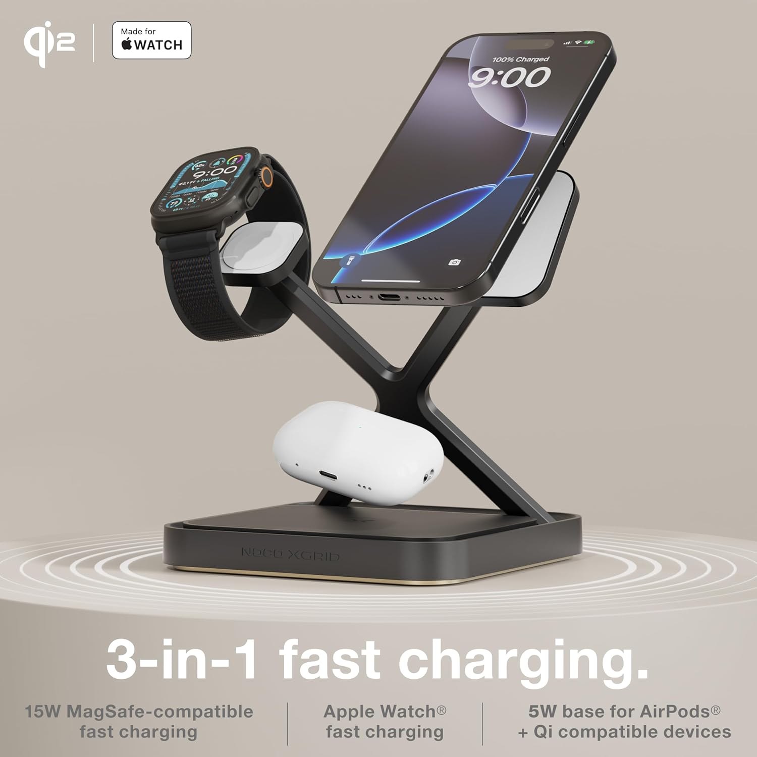 NOCO XGrid XDS3: 3-in-1 Wireless Charging Stand – Charging Station for iPhone, Apple Watch, and AirPods – MagSafe Compatible, Qi2 Certified – Includes 45W USB-C Wall Charger and 6.5-Foot USB-C Cable
