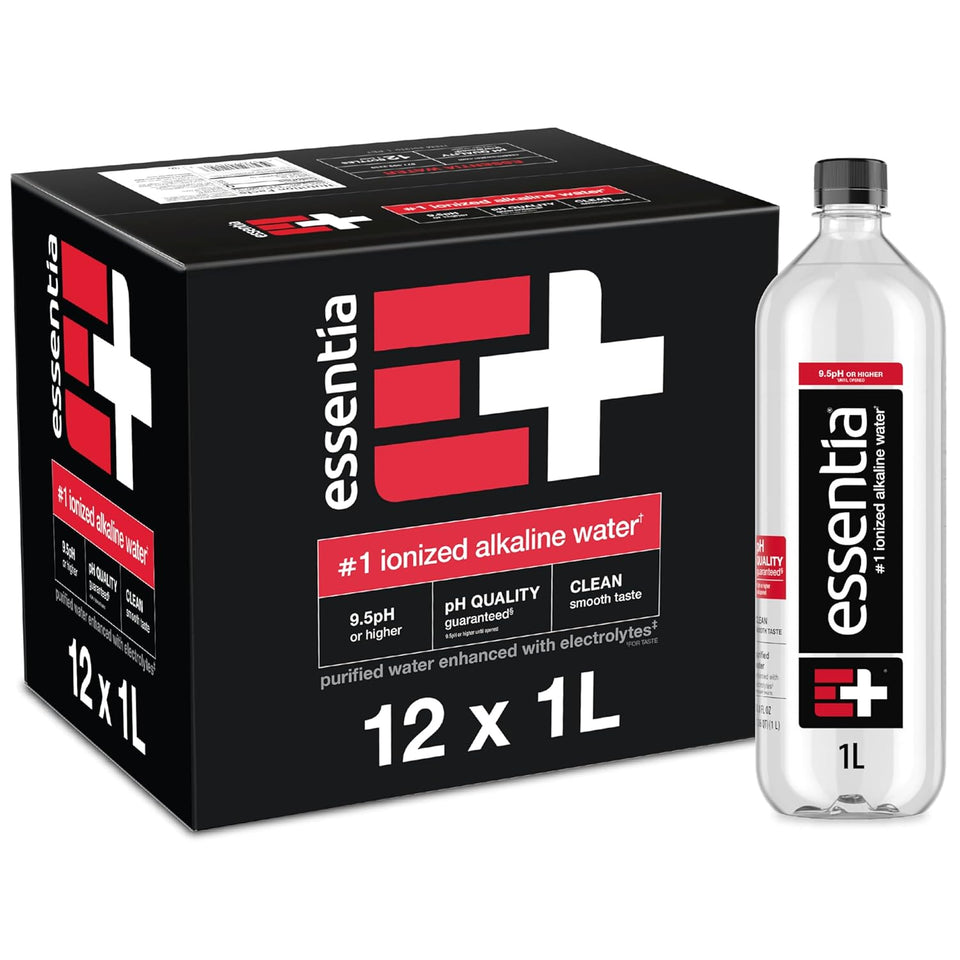 Essentia Water Bottled, Ionized Alkaline Water:99.9% PLre, Infused With Electrolytes, 9.5 pH Or Higher With A Clean, Smooth Taste, 1 Liter (Pack of 12)