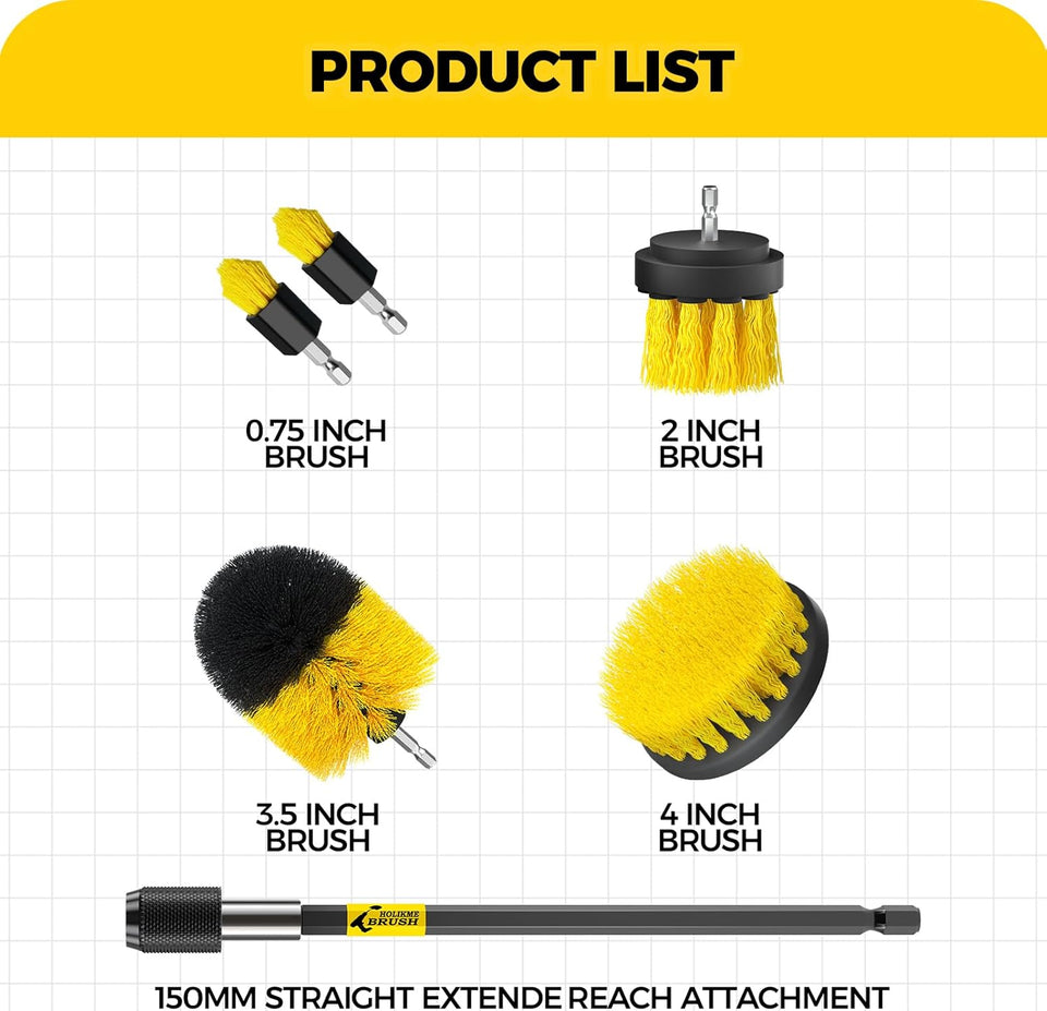 Holikme 6Pack Drill Brush Power Scrubber Cleaning Brush Extended Long Attachment Set All PLrpose Drill Scrub Brushes Kit for Grout, Floor, Tub, Bathroom and Kitchen Surface,Scratch Brushes（Yellow）