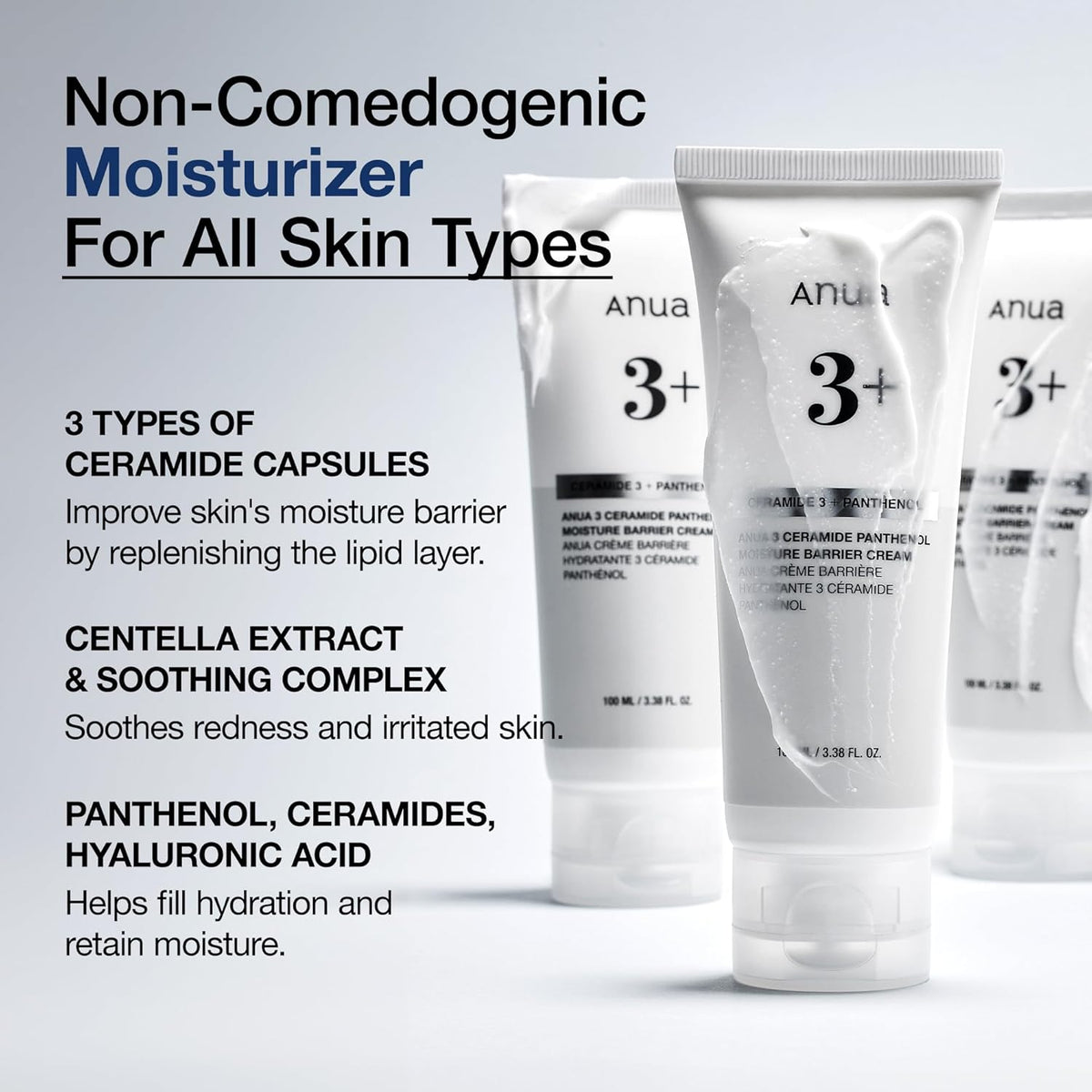 ANUA 3 Ceramide Panthenol Moisture Barrier Cream, Hydrating Daily Face Moisturizer for All Skin Types, Soothing, Non Comedogenic, with Centella for Skin Barrier, Korean Skincare, 3.38 fl oz.