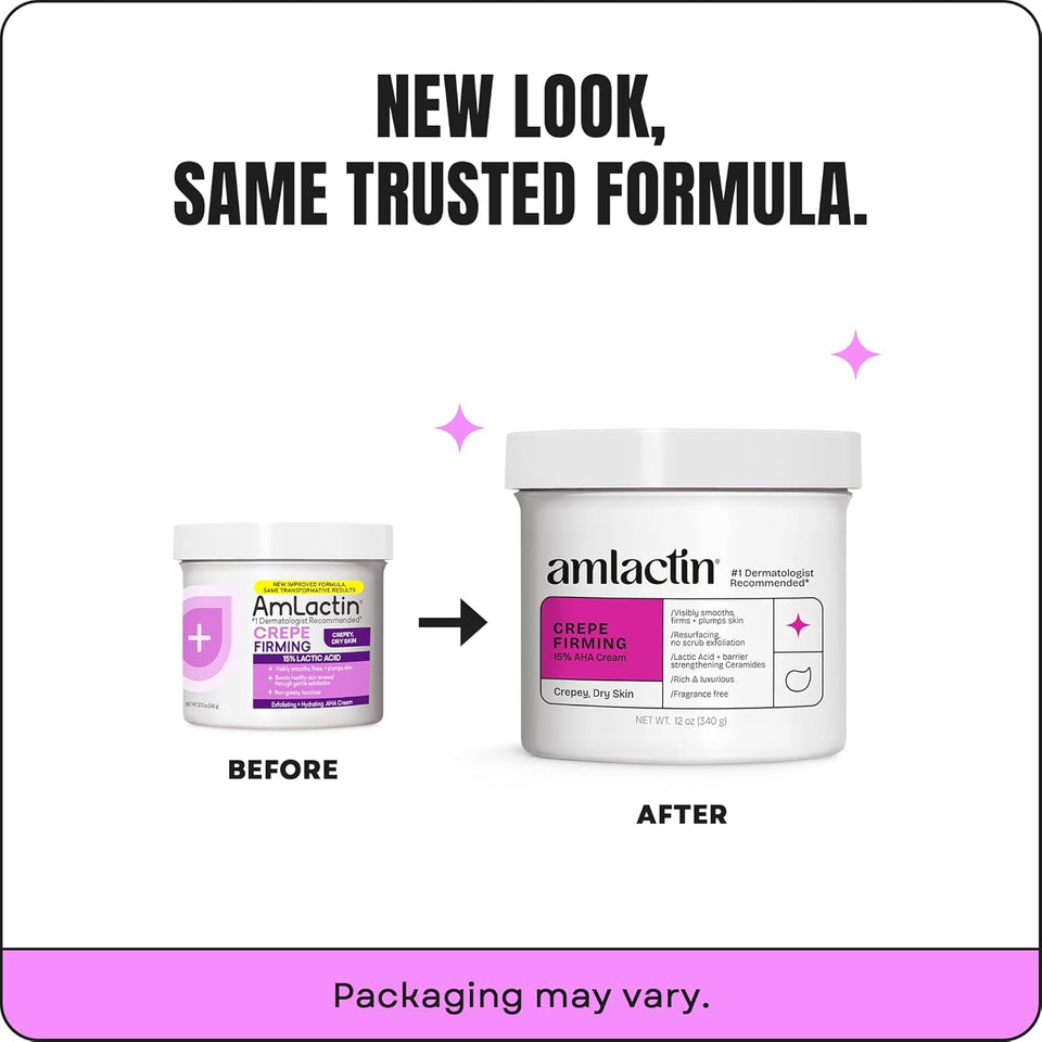 AmLactin Crepe Firming Cream - Therapeutic Skin Tightening Cream for Body – No-Scrub Exfoliator and Moisturizer, Skin Care with 15% Lactic Acid AHA, 12 oz (Packaging May Vary)