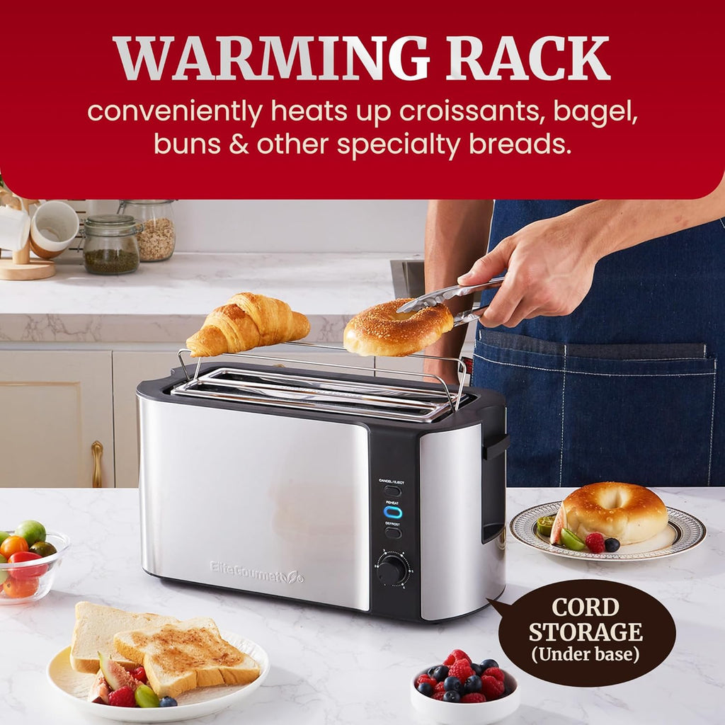 Elite Gourmet ECT-3100 4-Slice Long Slot Toaster | Extra Wide Slots for Bagels, Sourdough & Texas Toast | 6 Browning Settings | Reheat, Defrost & Cancel | Built-In Warming Rack | Stainless Steel