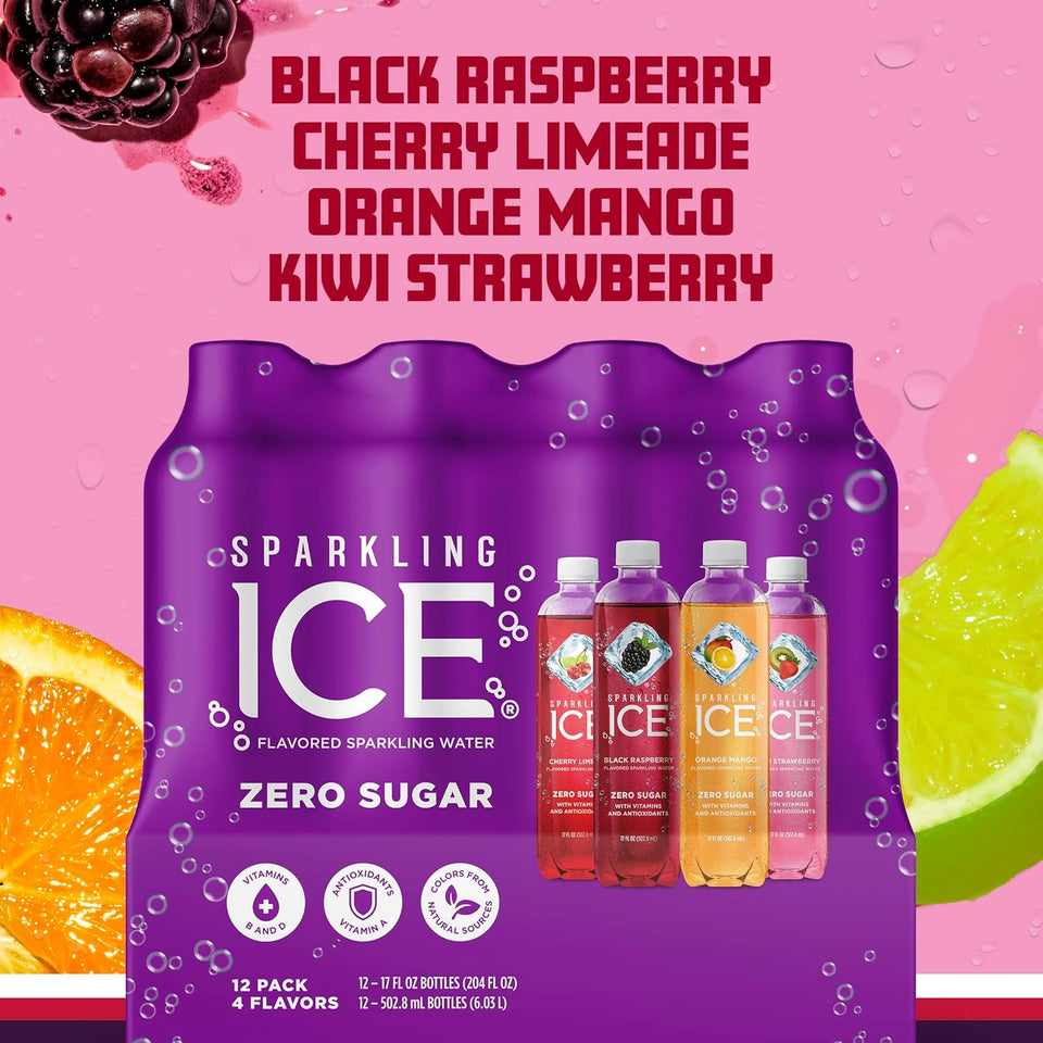 Sparkling Ice PLrple Variety Pack, Flavored Water, Zero Sugar, with Vitamins and Antioxidants, 17 fl oz, 12 count (Black Raspberry, Cherry Limeade, Orange Mango, Kiwi Strawberry)