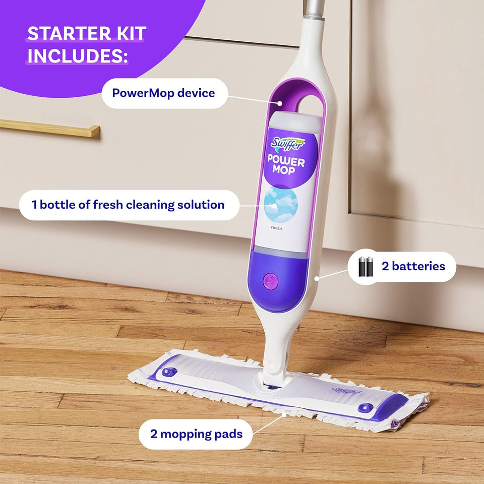 Swiffer PowerMop Multi-Surface Mop Kit for Floor Cleaning, Includes PowerMop, 2 Mopping Pad Refills, 1 Cleaning Solution with Fresh Scent and 2 Batteries - PureLivingMart