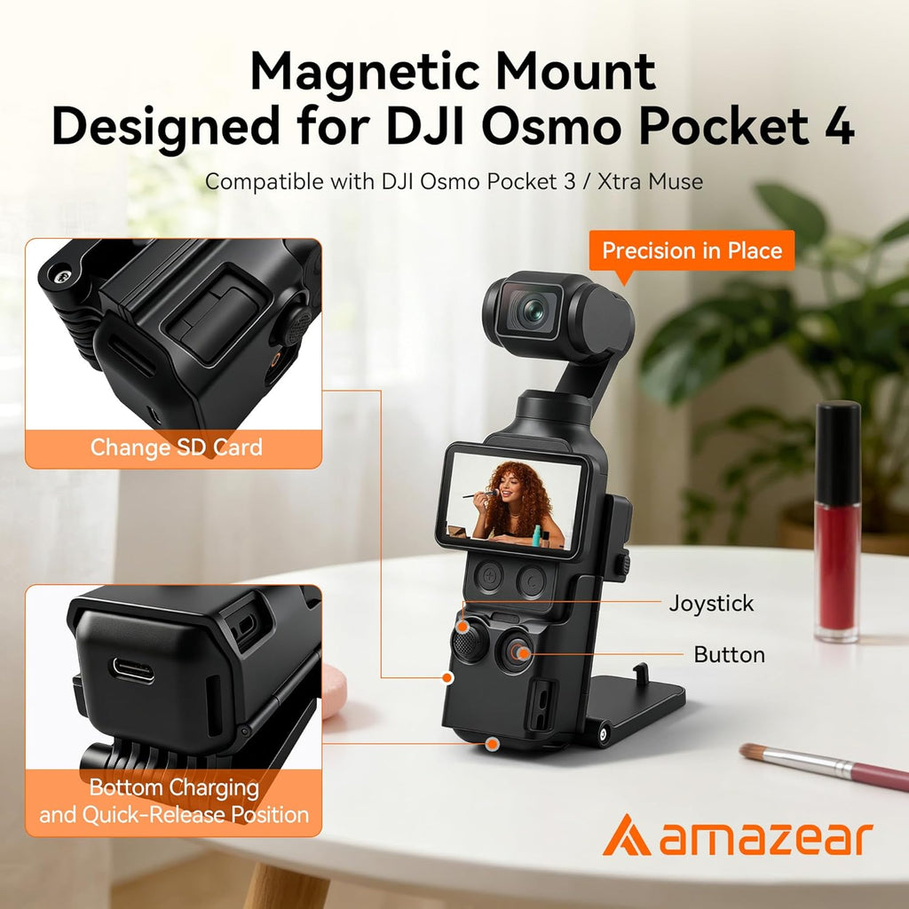 AMAZEAR Magnetic Mount Stand Compatible with DJI Osmo Pocket 4/3/Xtra Muse, Pocket4 Accessories Adapter Clamp Magnet Suction Case Holder on Desktop/Vertical Surface, 180° Adjustable Handle, Black