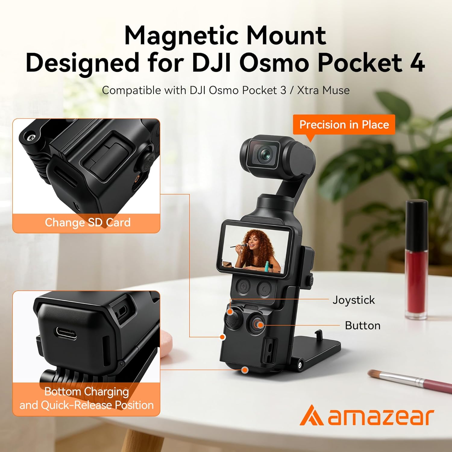 AMAZEAR Magnetic Mount Stand Compatible with DJI Osmo Pocket 4/3/Xtra Muse, Pocket4 Accessories Adapter Clamp Magnet Suction Case Holder on Desktop/Vertical Surface, 180° Adjustable Handle, Black