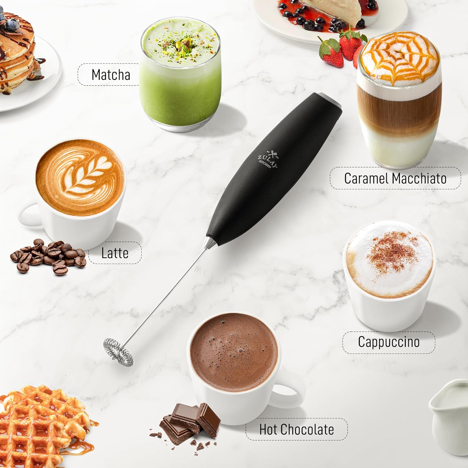 Zulay Kitchen Milk Frother Handheld Electric Whisk – Frother Wand, Durable Drink Mixer, Stainless Steel Whisk, Coffee Frother, Hand Blender, Frother for Protein Powder, Lattes, Matcha & More - Black